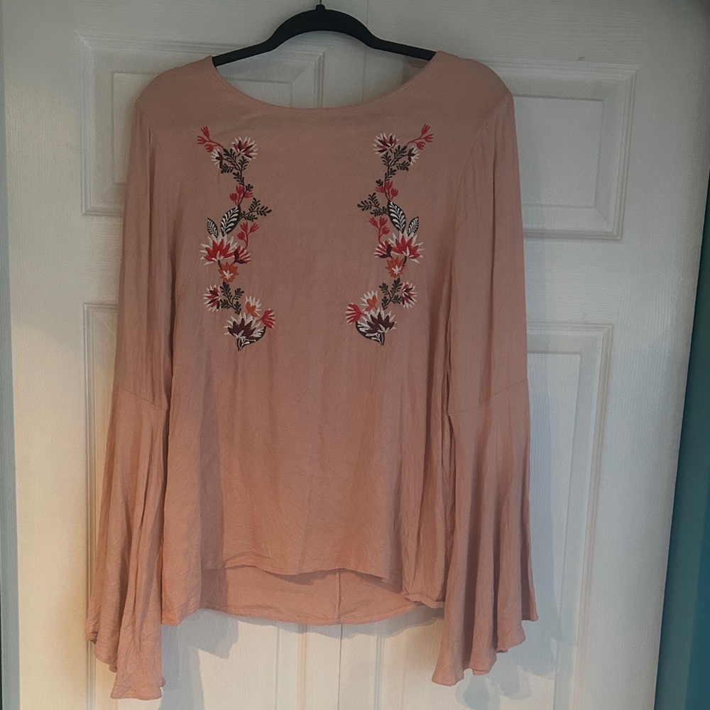 JustFab Blush Floral Embroidered Bell Sleeve Blouse